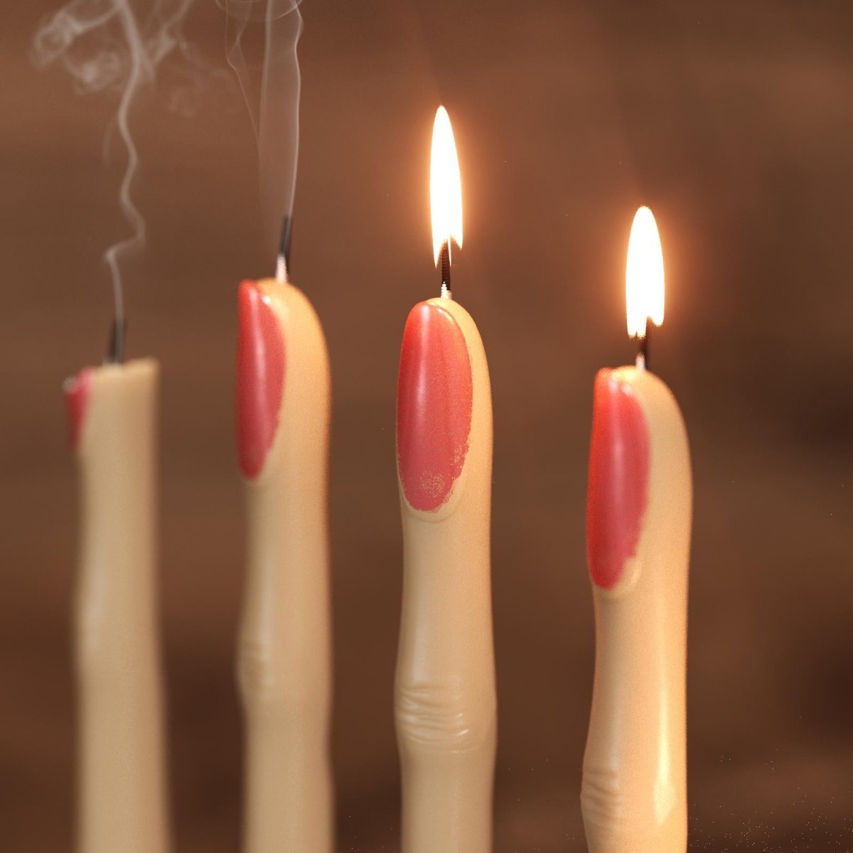 Close-up of lit witch’s finger-shaped candles with red nail tips, showing realistic knuckle details and smoke rising from recently extinguished wicks - Boowan Nicole