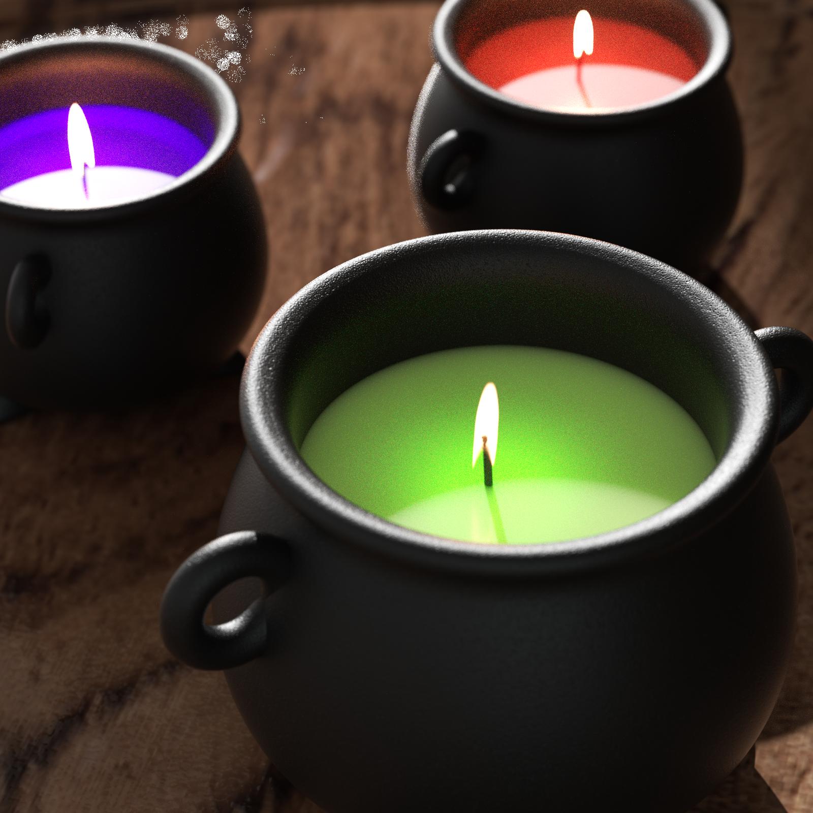Black cauldron-shaped candles with glowing green, red, and purple wax, lit on a wooden surface - Boowan Nicole