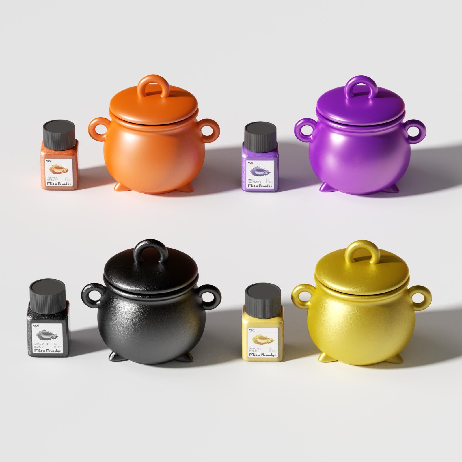 Colorful cauldron-shaped candle jars with lids in orange, purple, black, and gold, displa - Boowan Nicole