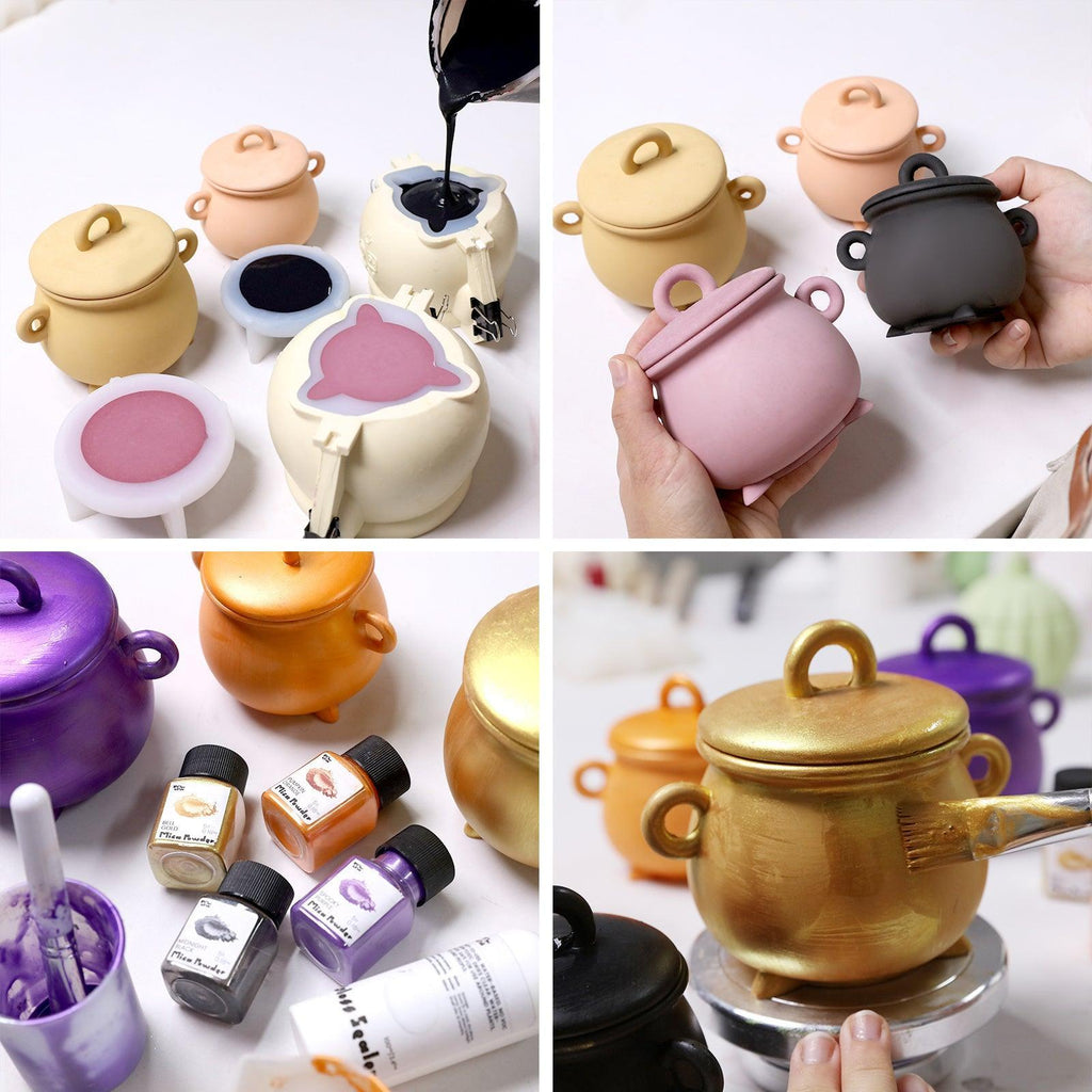 Four-step process of making cauldron-shaped candles — pour wax, unmold, paint with mica powders, and add gold finish - Boowan Nicole