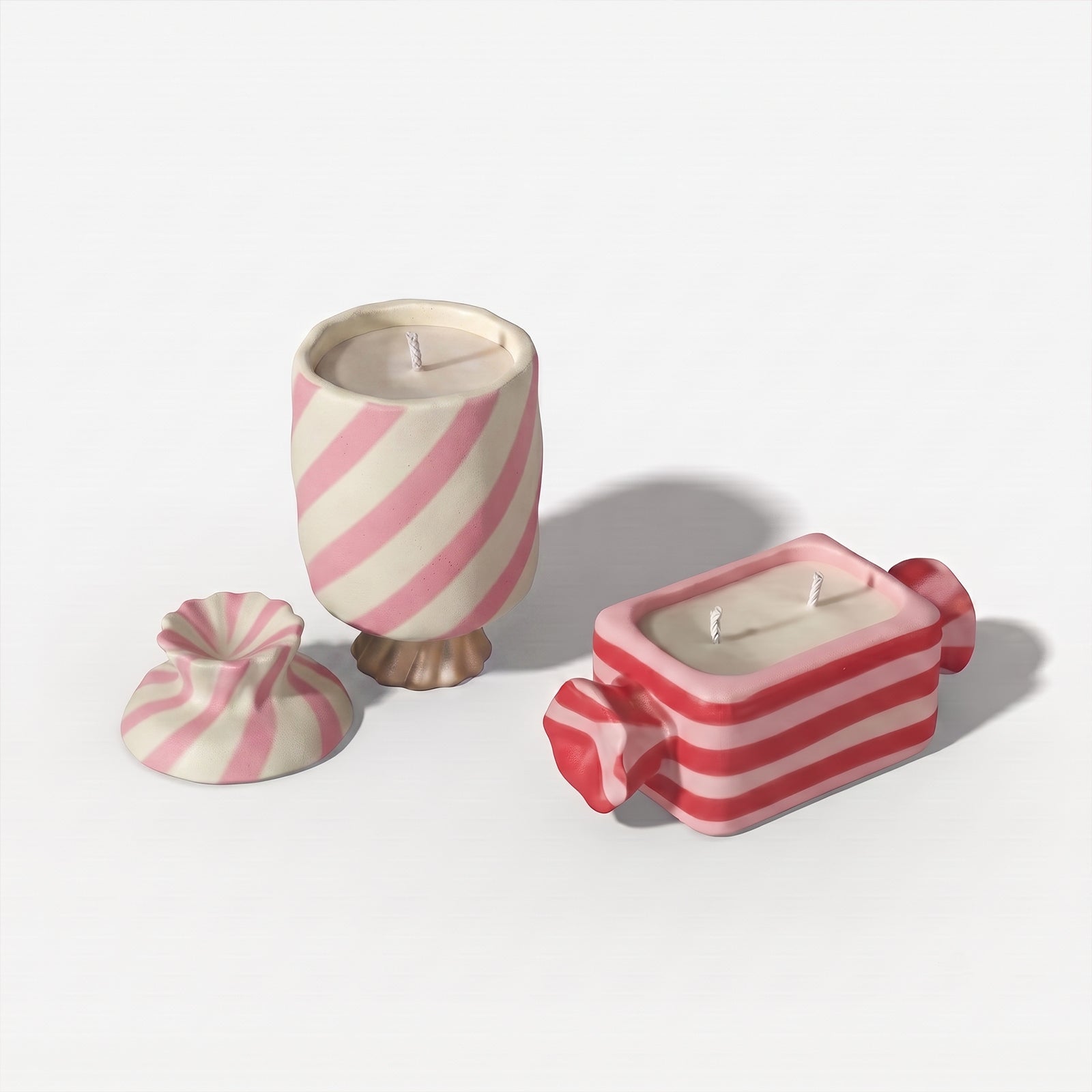 Two styles wrapped bonbon lidded candle jars with pink striped finish plain white background product shot - Boowan Nicole