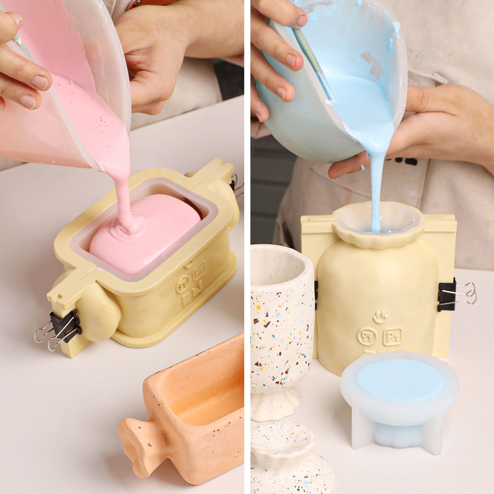 Two-panel craft collage: pouring pigment mixture into wrapped bonbon candle jar silicone molds DIY casting process - Boowan Nicole