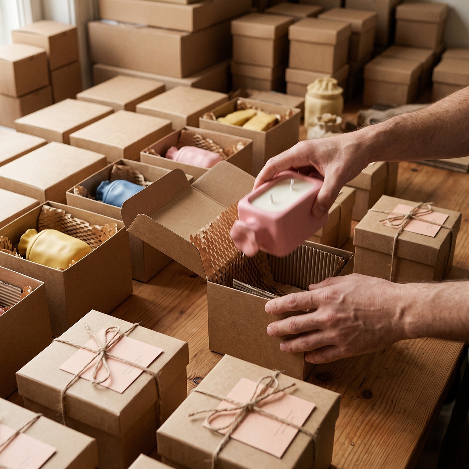 Workshop packaging shot: packing pastel wrapped bonbon candle jars into kraft gift boxes with shredded filler - Boowan Nicole