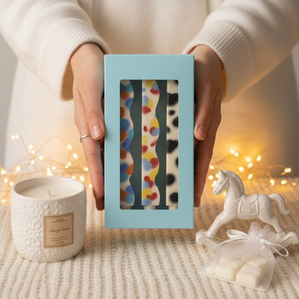 Zigzag taper candle gift set in a blue box, three wavy tapers with colorful patterns - Boowan Nicole