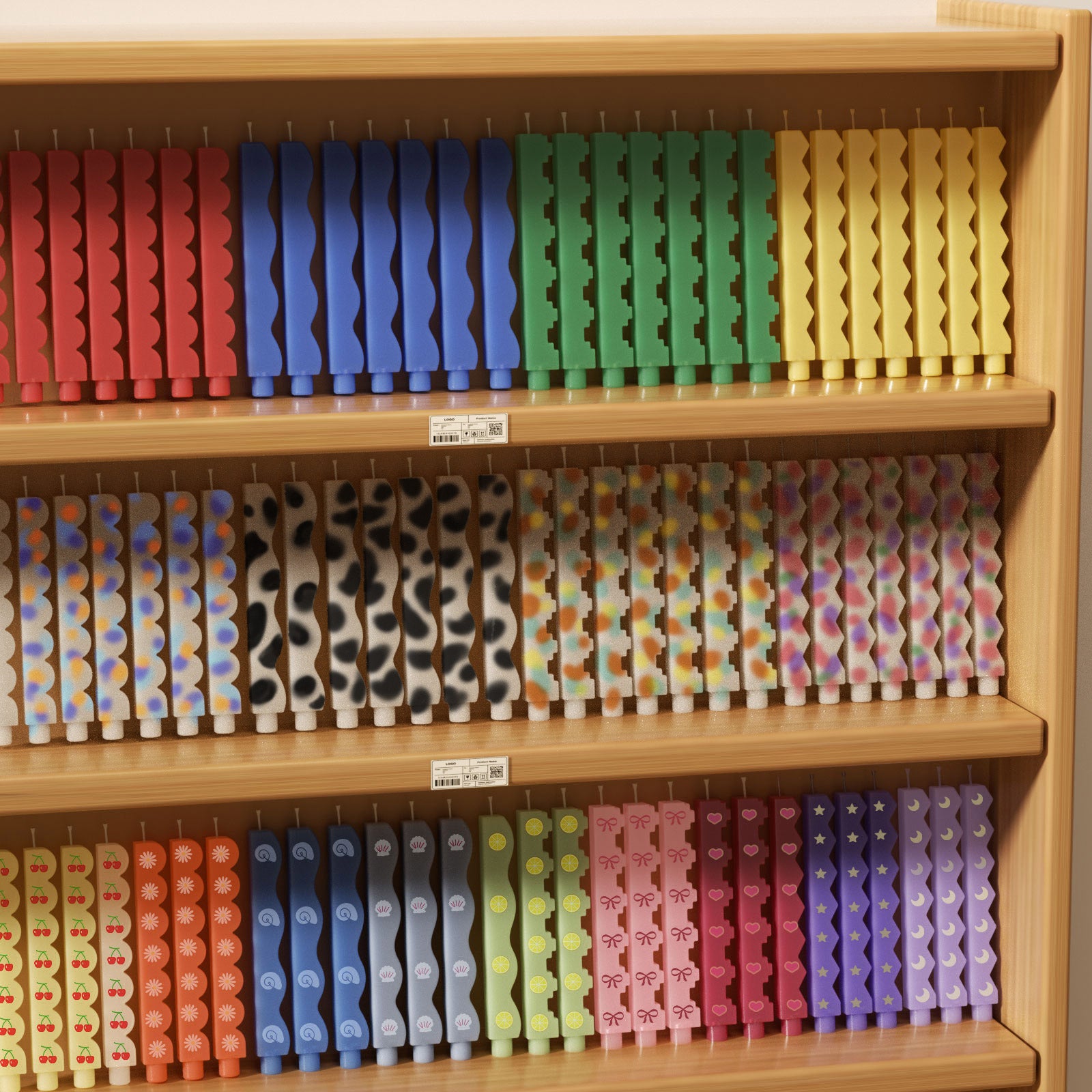 Colorful zigzag taper candles neatly lined on wooden shelves - Boowan Nicole