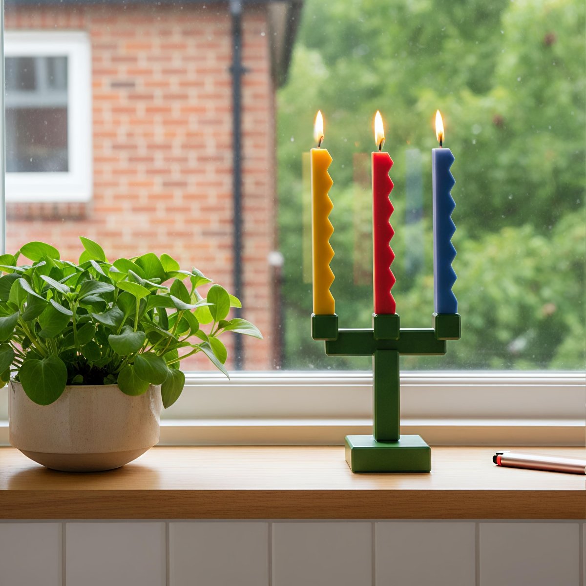 Three zigzag-edge taper candles in a green three-arm holder on a windowsill - Boowan Nicole