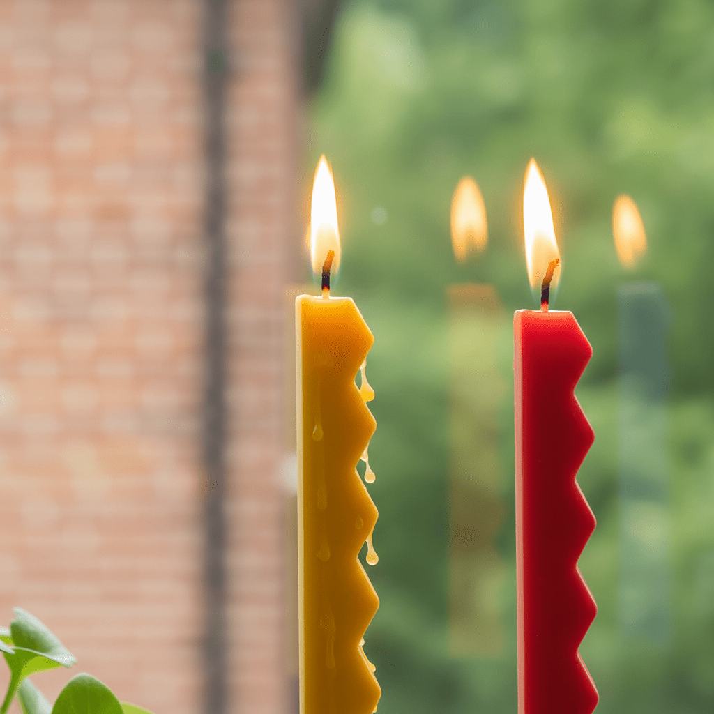 Close-up of yellow and red zigzag-edge taper candles with wax drips - Boowan Nicole