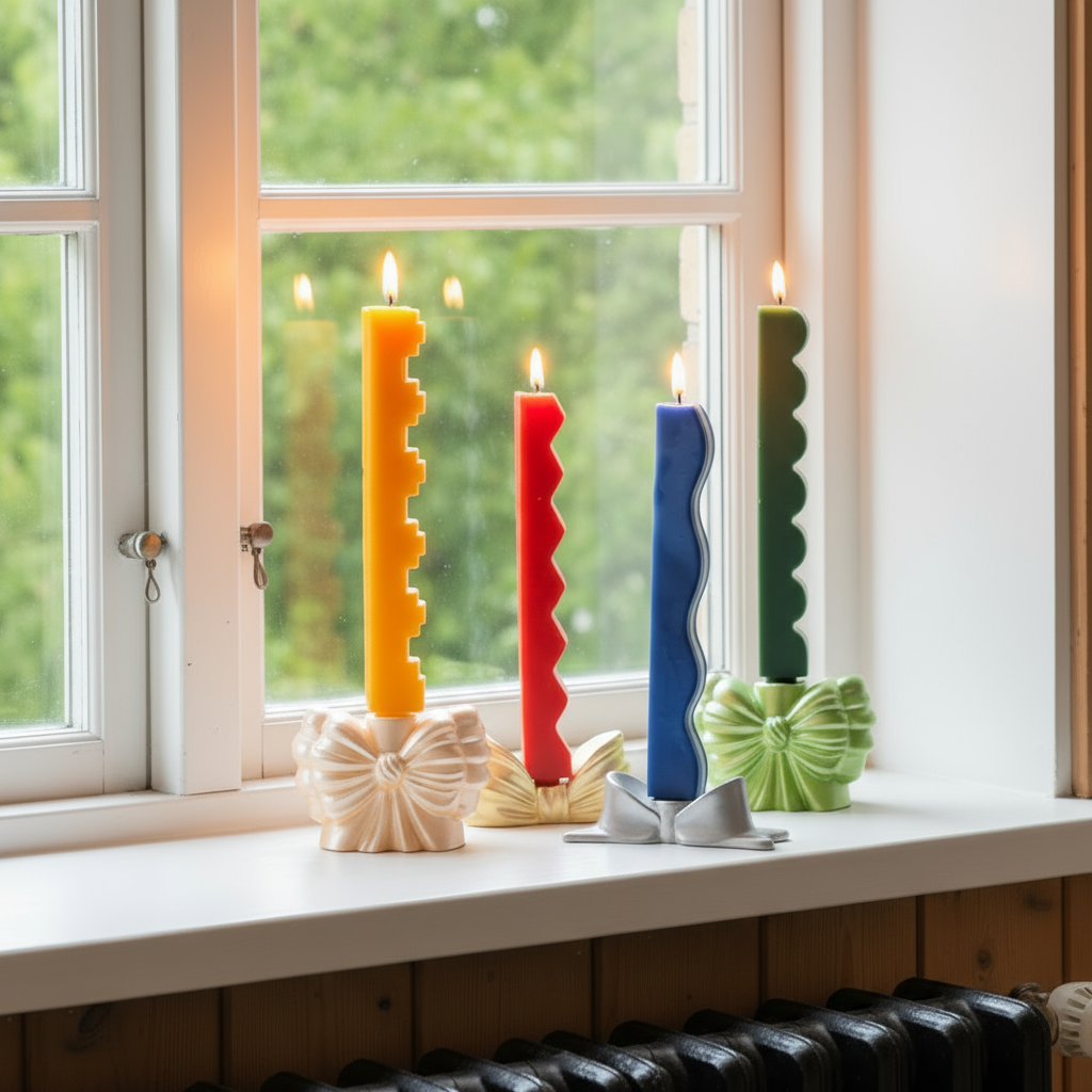 Colorful zigzag and stair-step taper candles in bow-shaped holders on a windowsill - Boowan Nicole
