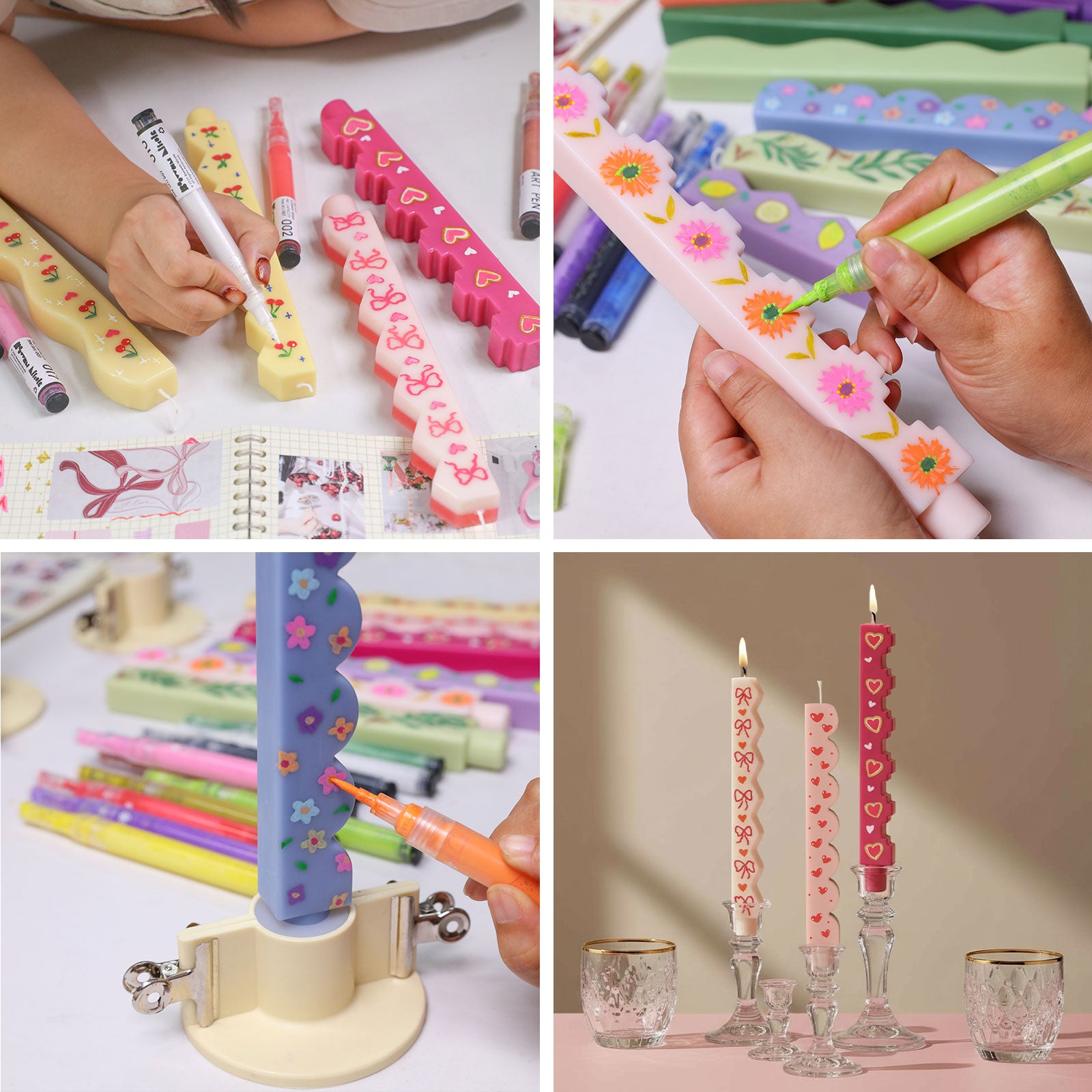 DIY painting zigzag taper candles—scallop and step profiles—floral, heart & bow motifs; finished pieces lit on glass holders - Boowan Nicole