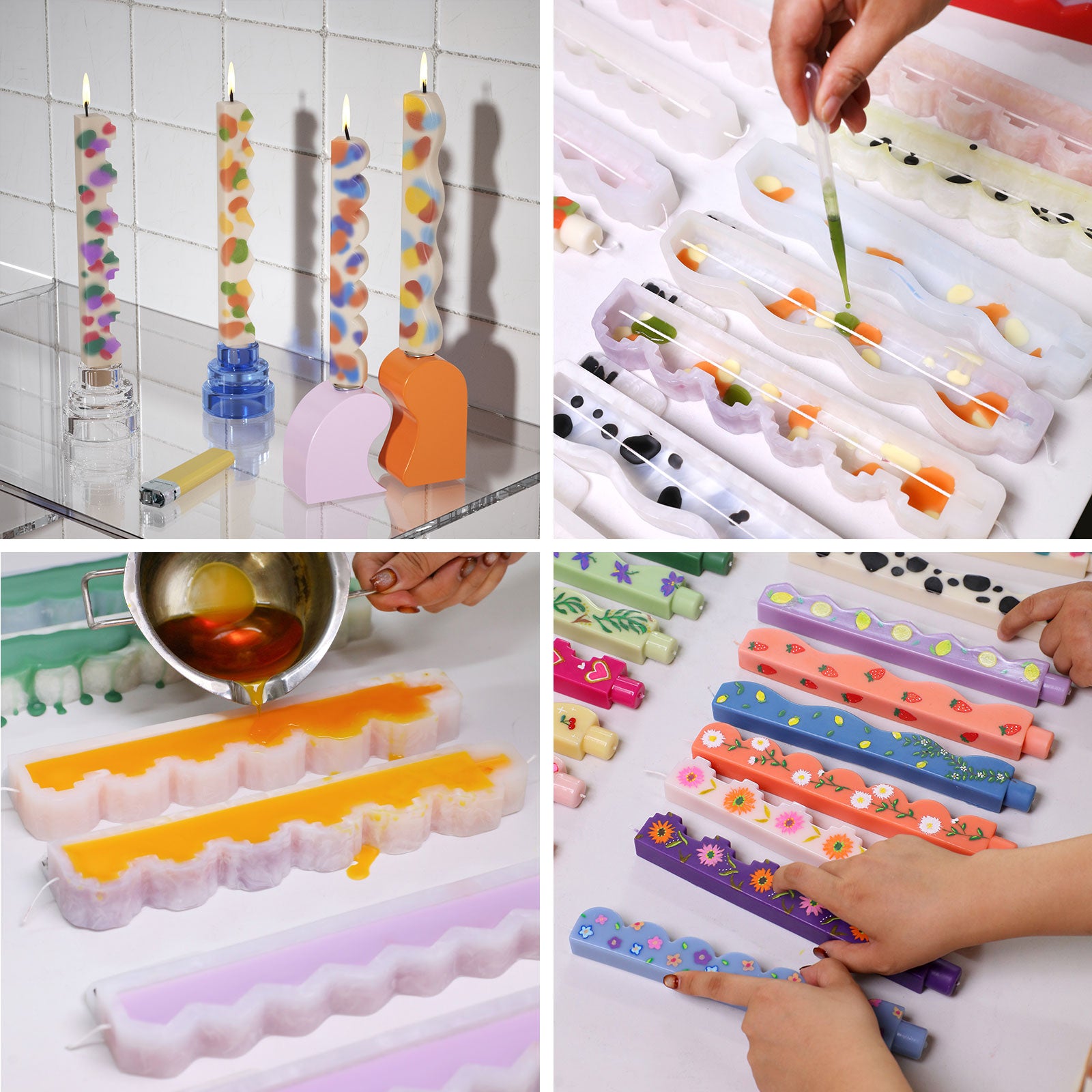 Process collage: filling zigzag taper silicone molds, adding colored embeds and hand-painted florals; finished wavy/stepped tapers lit on holders - Boowan Nicole