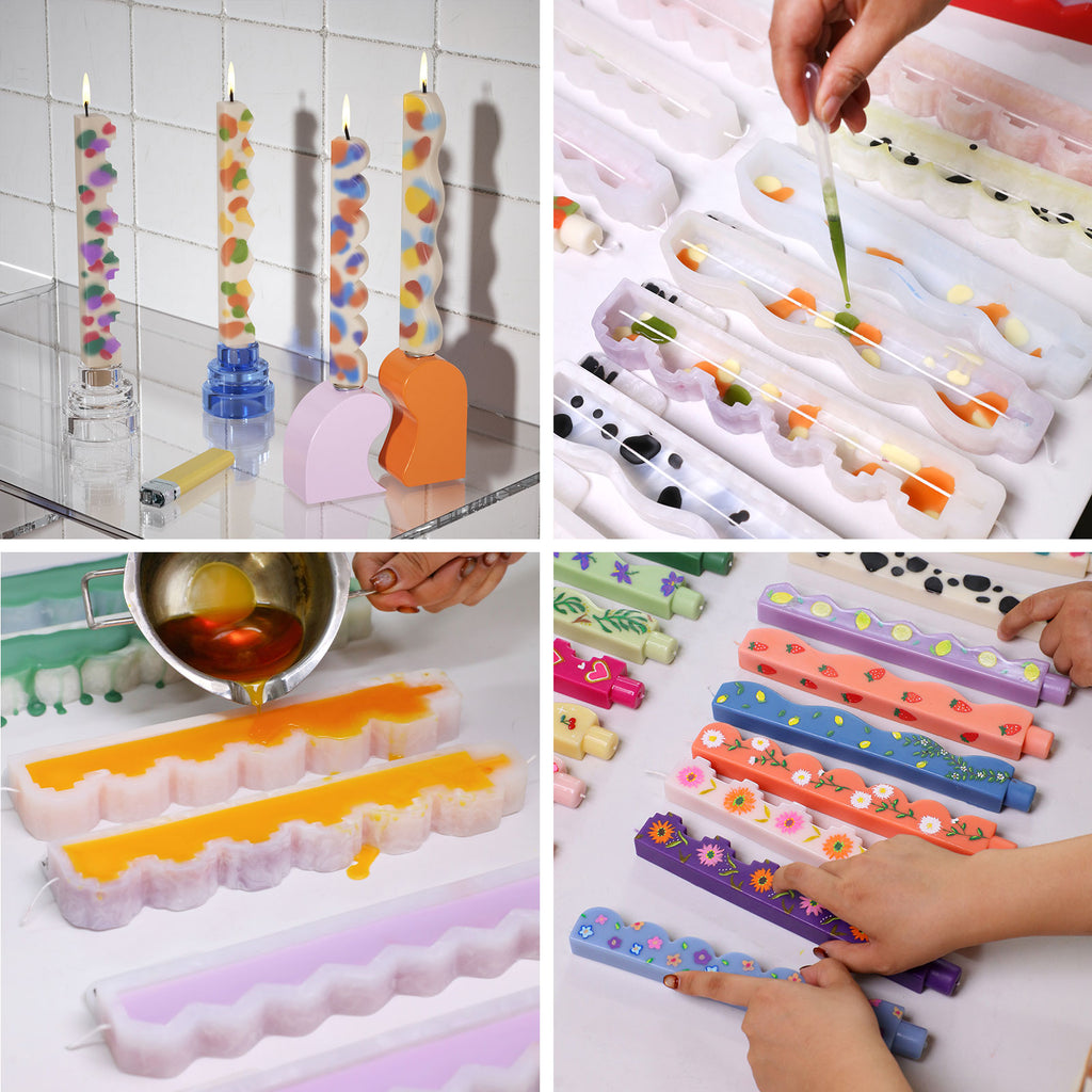 Process collage: filling zigzag taper silicone molds, adding colored embeds and hand-painted florals; finished wavy/stepped tapers lit on holders - Boowan Nicole