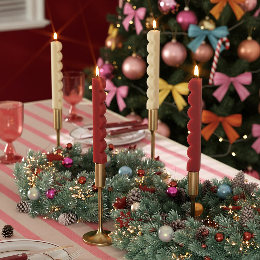 Zigzag curve taper candles burning in gold holders, holiday wreath centerpiece on a Christmas tablescape for home décor and DIY candle making - Boowan Nicole
