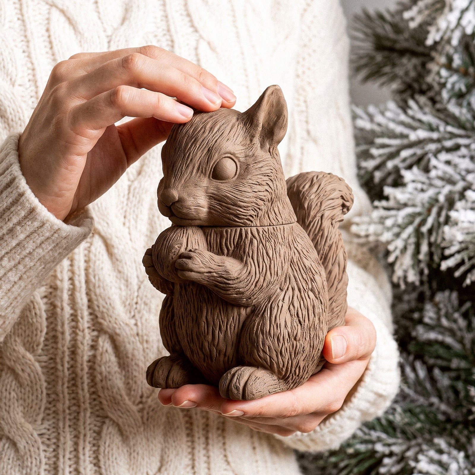 Hands holding the Acorn Hug Squirrel Candle Jar with the head lid being lifted off