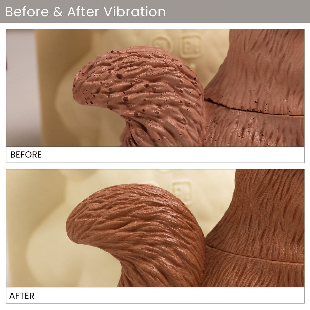 Before and after vibration: cast surface with air bubbles versus a smooth detailed casting