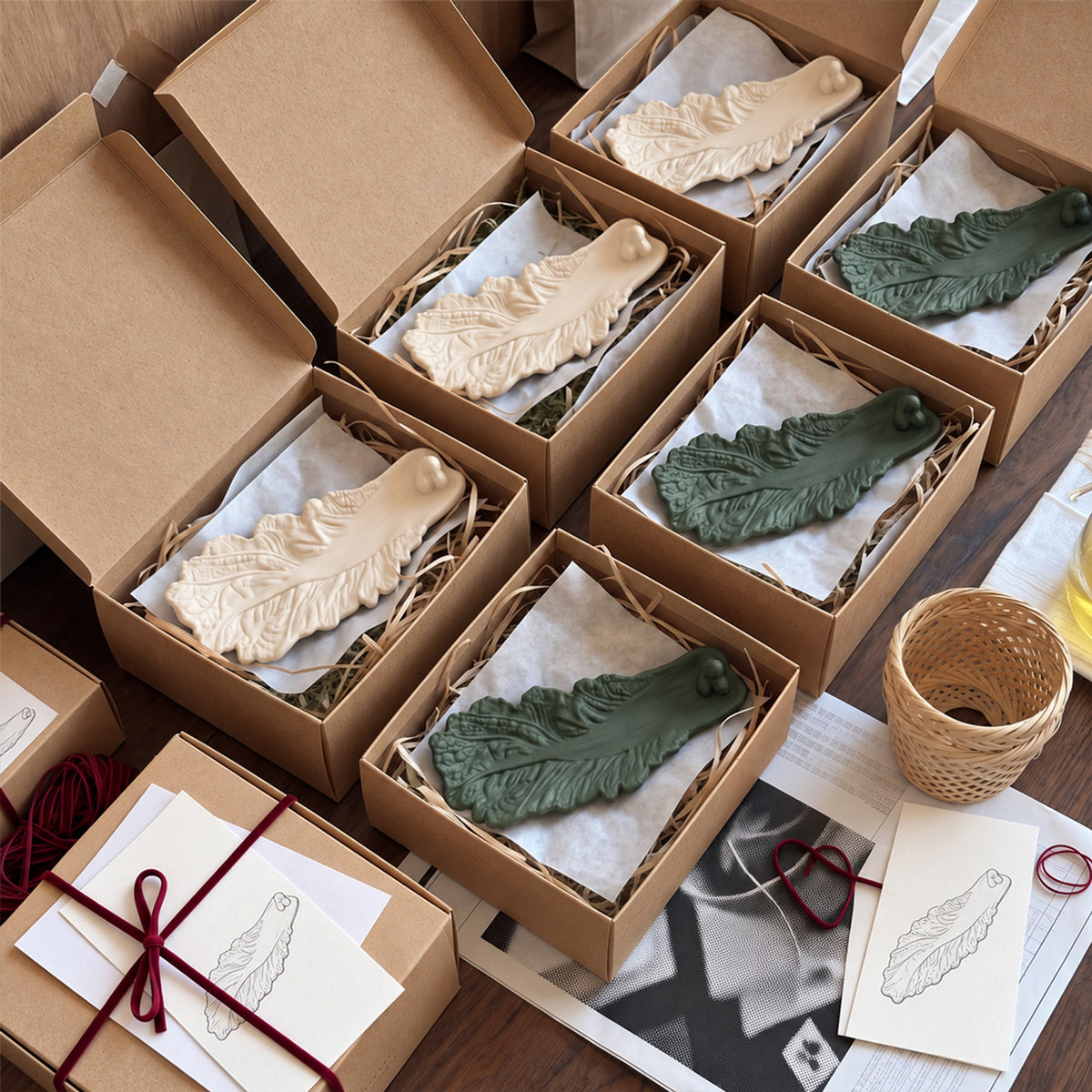 Handmade cabbage leaf incense holders packed in gift boxes