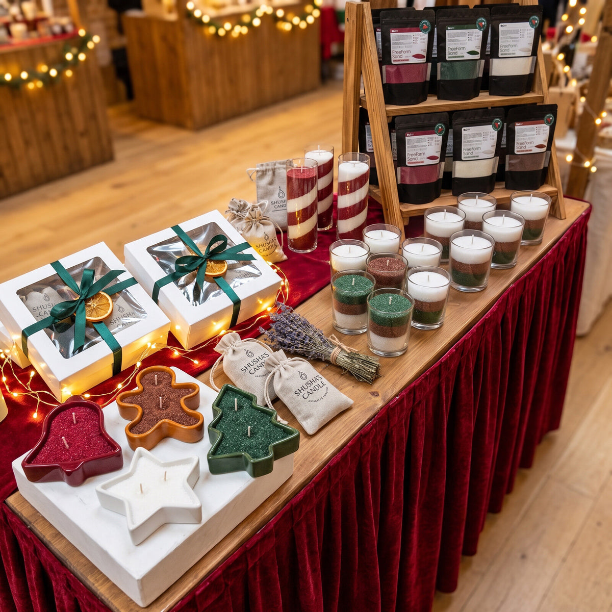 Christmas market booth selling colored sand wax bags and candles