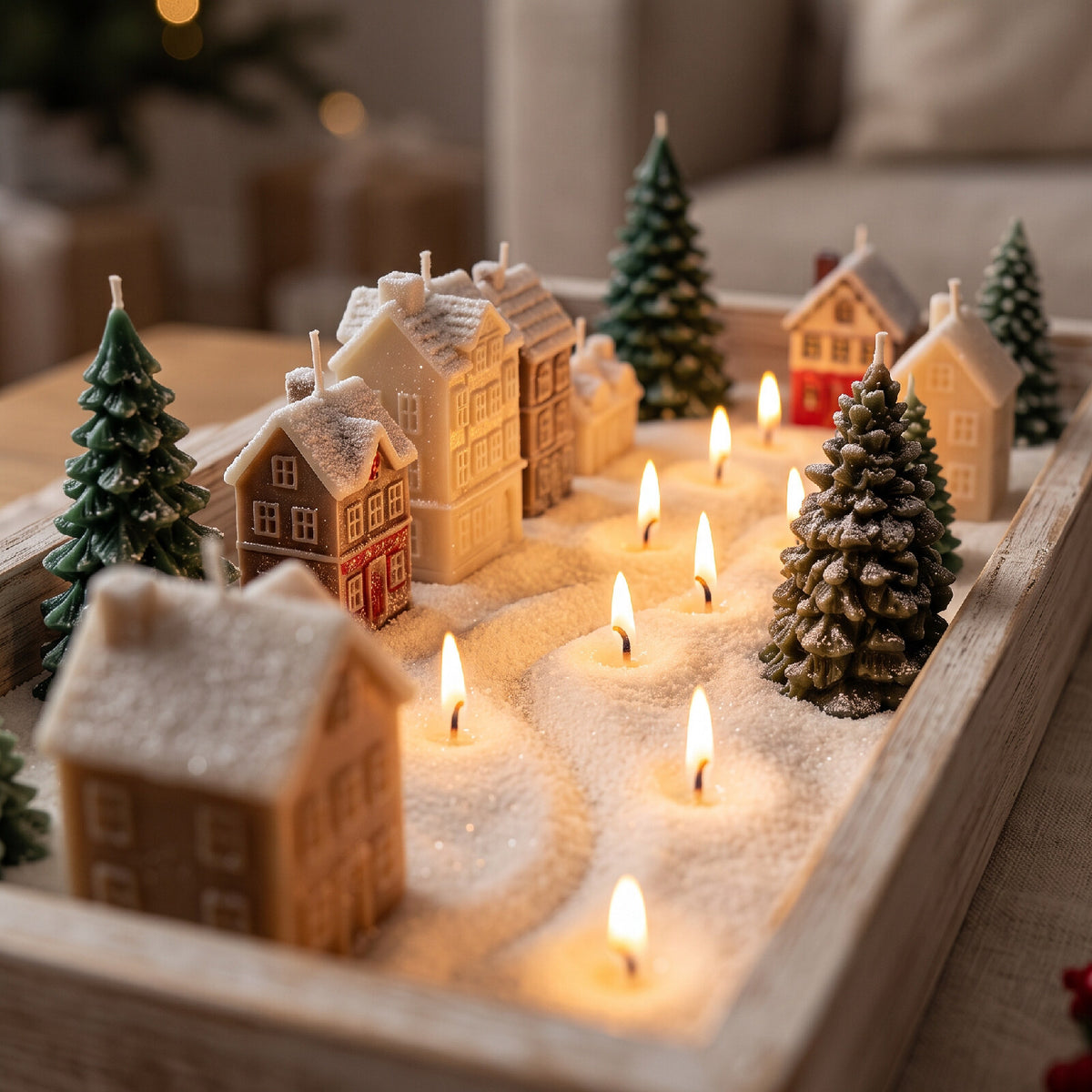 Christmas village tray with white sand wax, house candles and tea lights