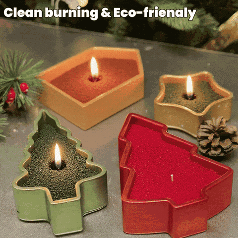 Clean burning colored sand wax candles in house, star and tree shaped vessels