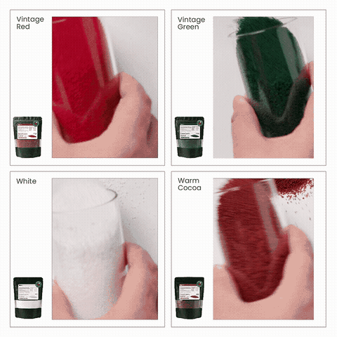 Finger swatches of Vintage Red, Vintage Green, White and Warm Cocoa colored sand wax
