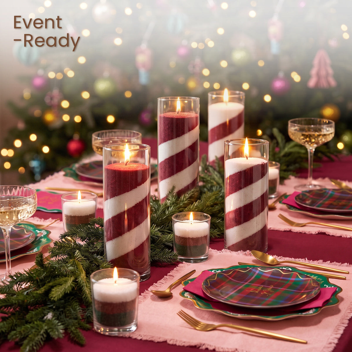 Event-ready Christmas table with red and white striped sand wax candles