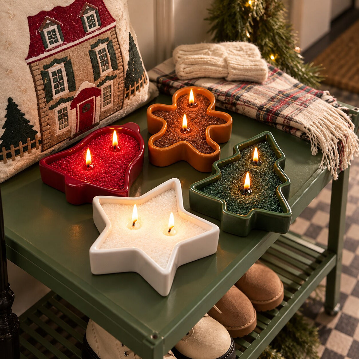 Bell, gingerbread, star and tree shaped vessels filled with colored sand wax candles