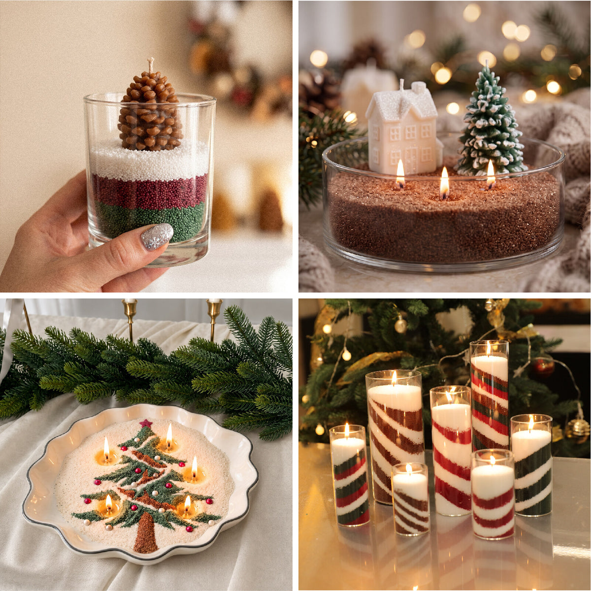 Christmas styling ideas with layered colored sand wax candles