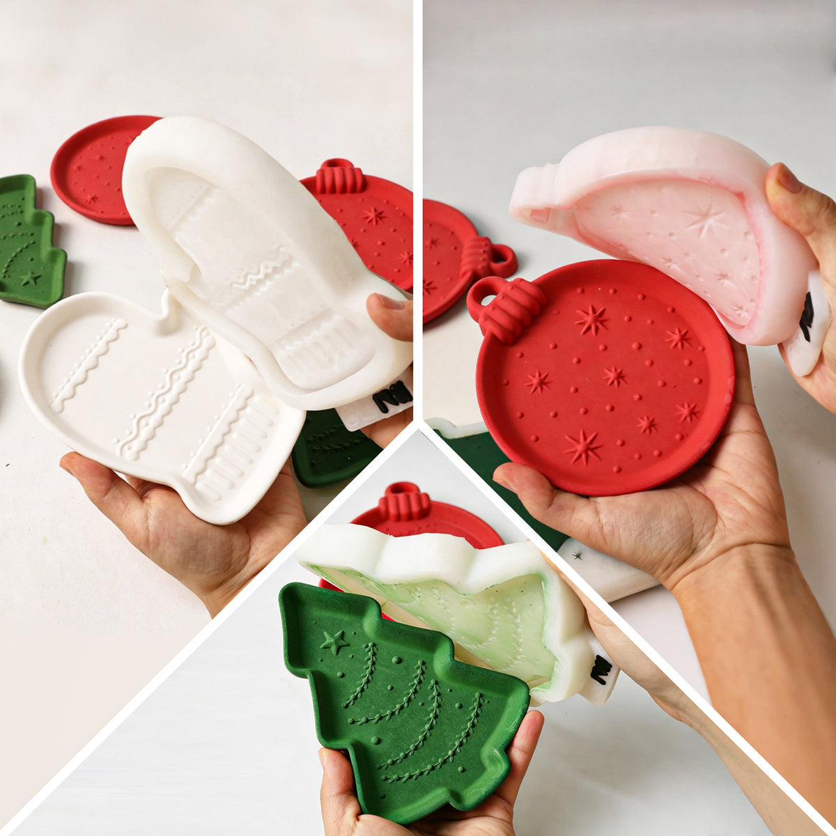 Demolding red ornament, green tree and white mitten trays from the silicone molds