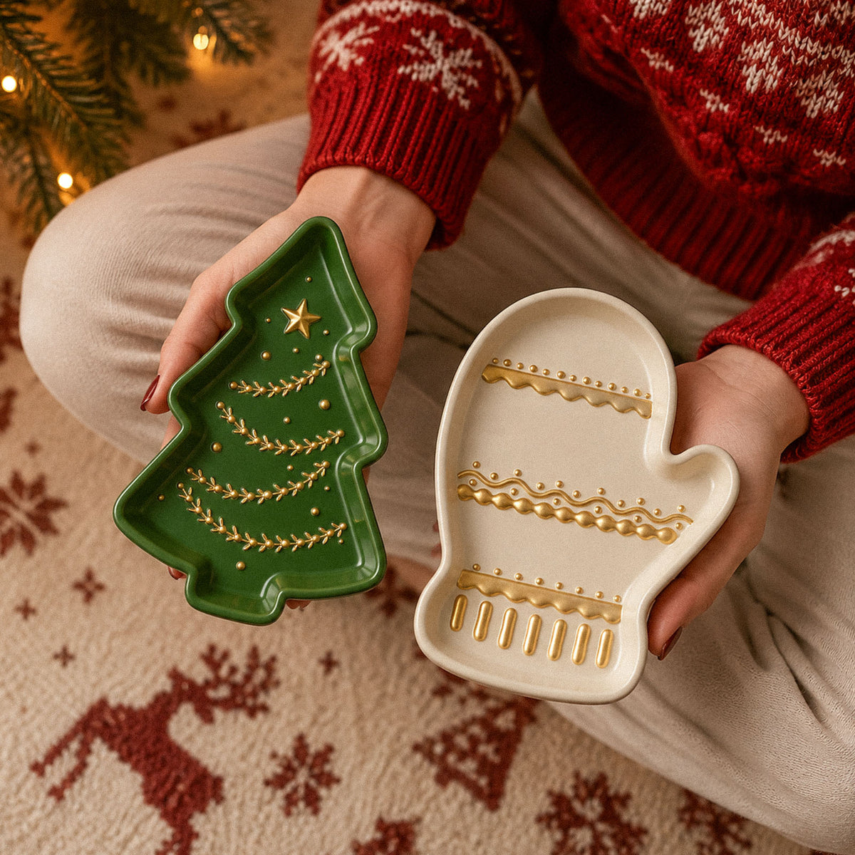 Hands holding a green Christmas tree tray and a cream knitted mitten tray over a Nordic reindeer blanket