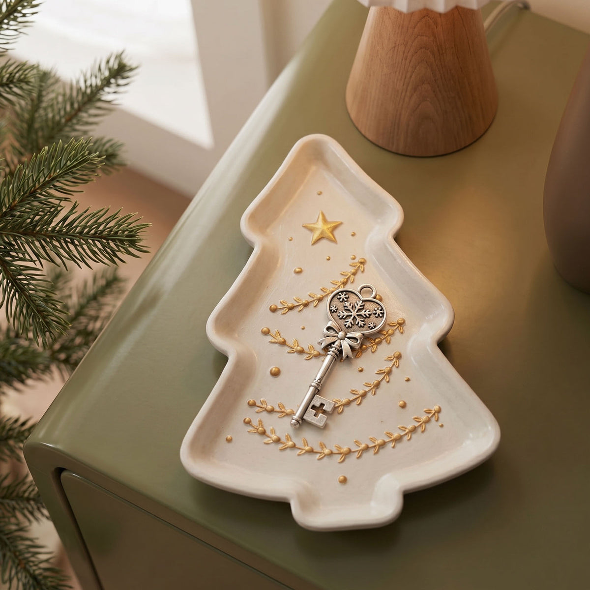 Cream Christmas tree tray holding a vintage key on a green side table