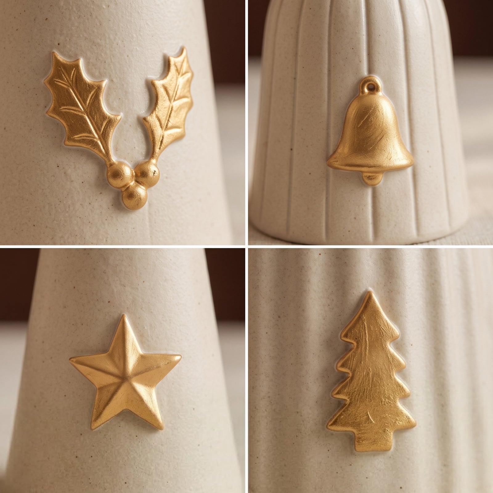 Macro grid of the four gold charms on the Christmas Glow candle holder collection — holly and berries, a bell, a star, and a Christmas tree.