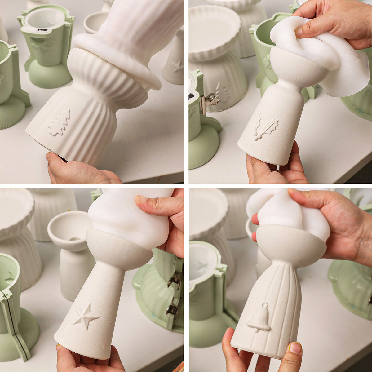 Demolding cement candle holders with star, holly and tree charms from the silicone molds
