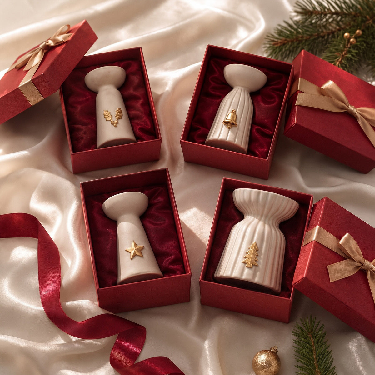 Four Christmas Glow candle holders packed in red gift boxes with gold ribbon