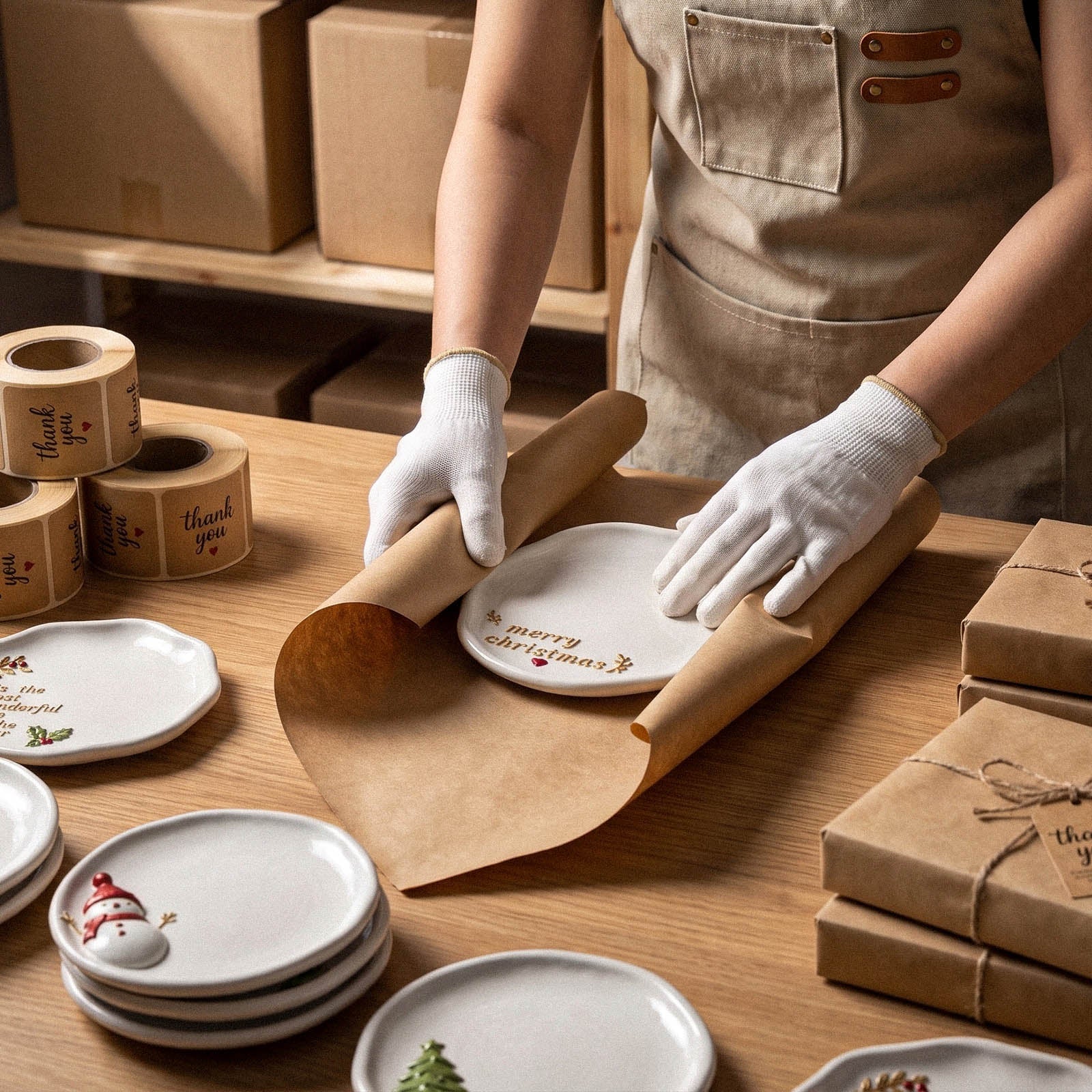 A person in a canvas apron wrapping a Merry Christmas trinket tray in kraft paper, with thank-you stickers, gift boxes, and a stack of Christmas trinket trays nearby.