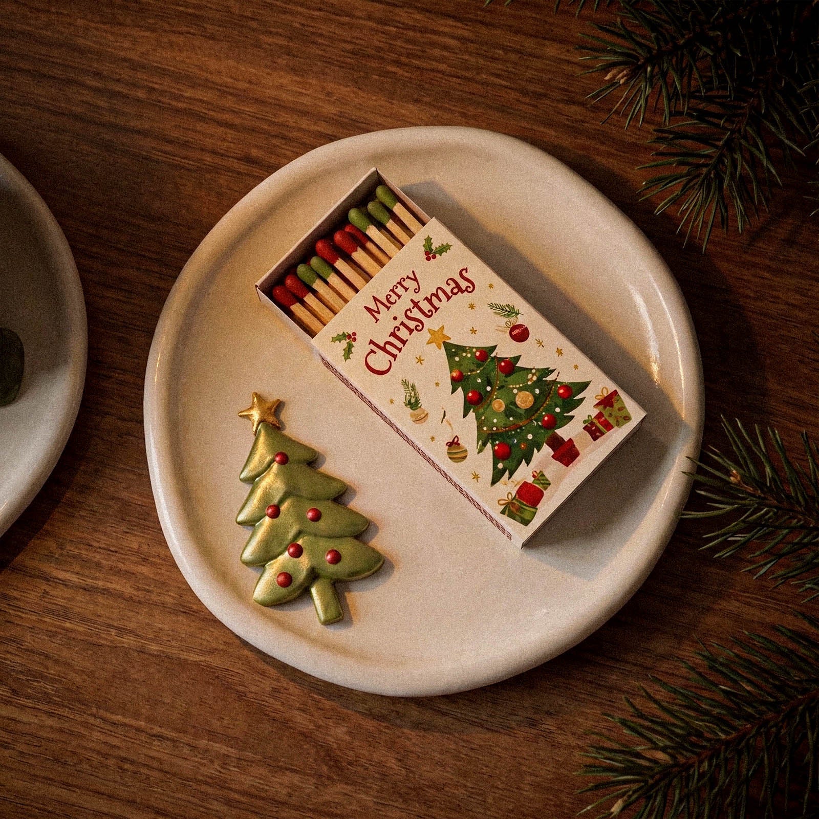 Close-up of a Merry Christmas matchbox and a gold Christmas tree ornament resting on a white trinket tray, with pine branches in the background.