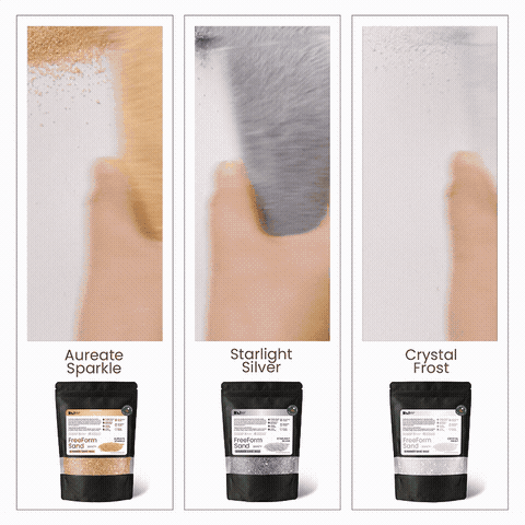 Finger swatches comparing Aureate Sparkle, Starlight Silver and Crystal Frost pearl sand wax