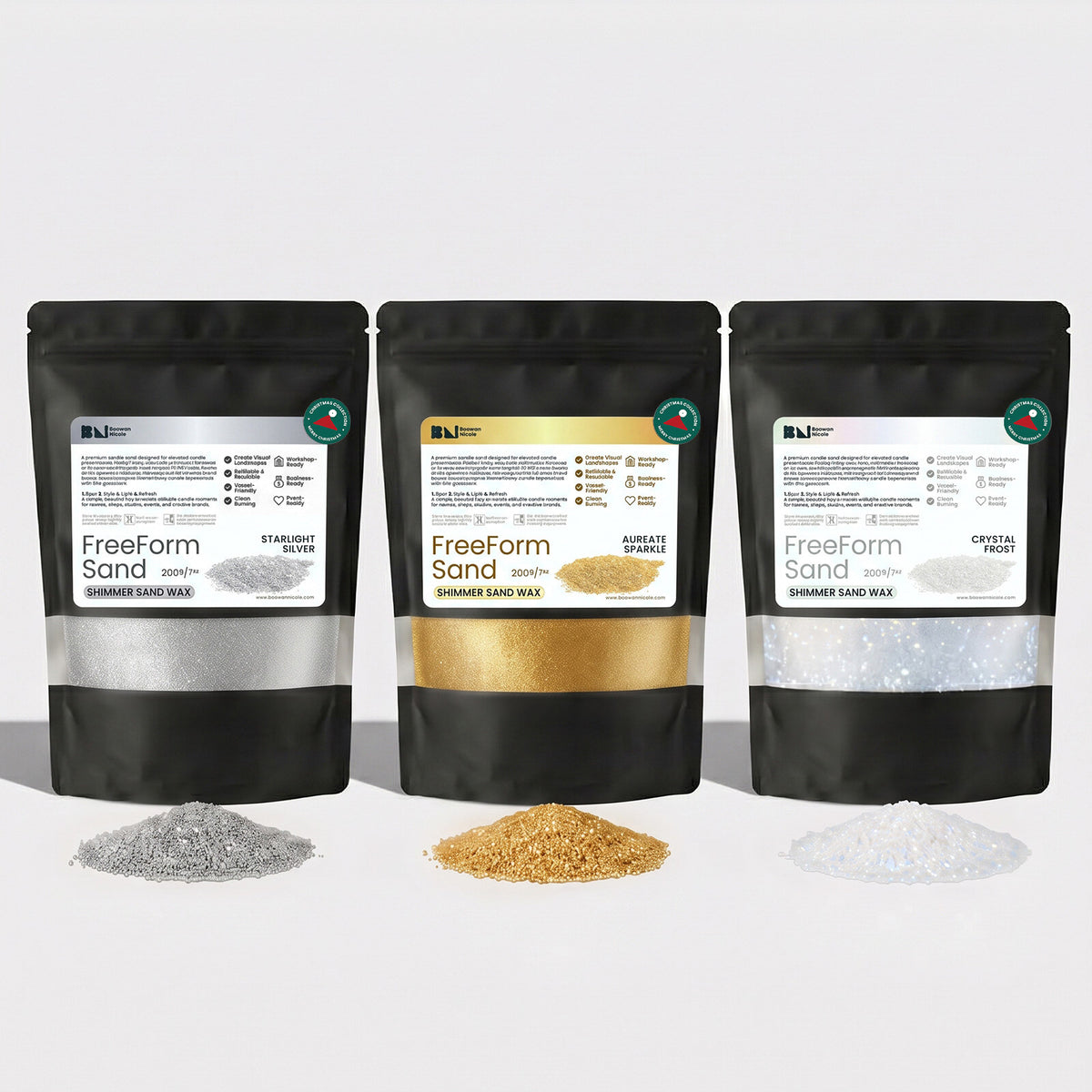 Pearl Sand Wax Christmas Collection in Starlight Silver, Aureate Sparkle and Crystal Frost bags with loose shimmer candle sand