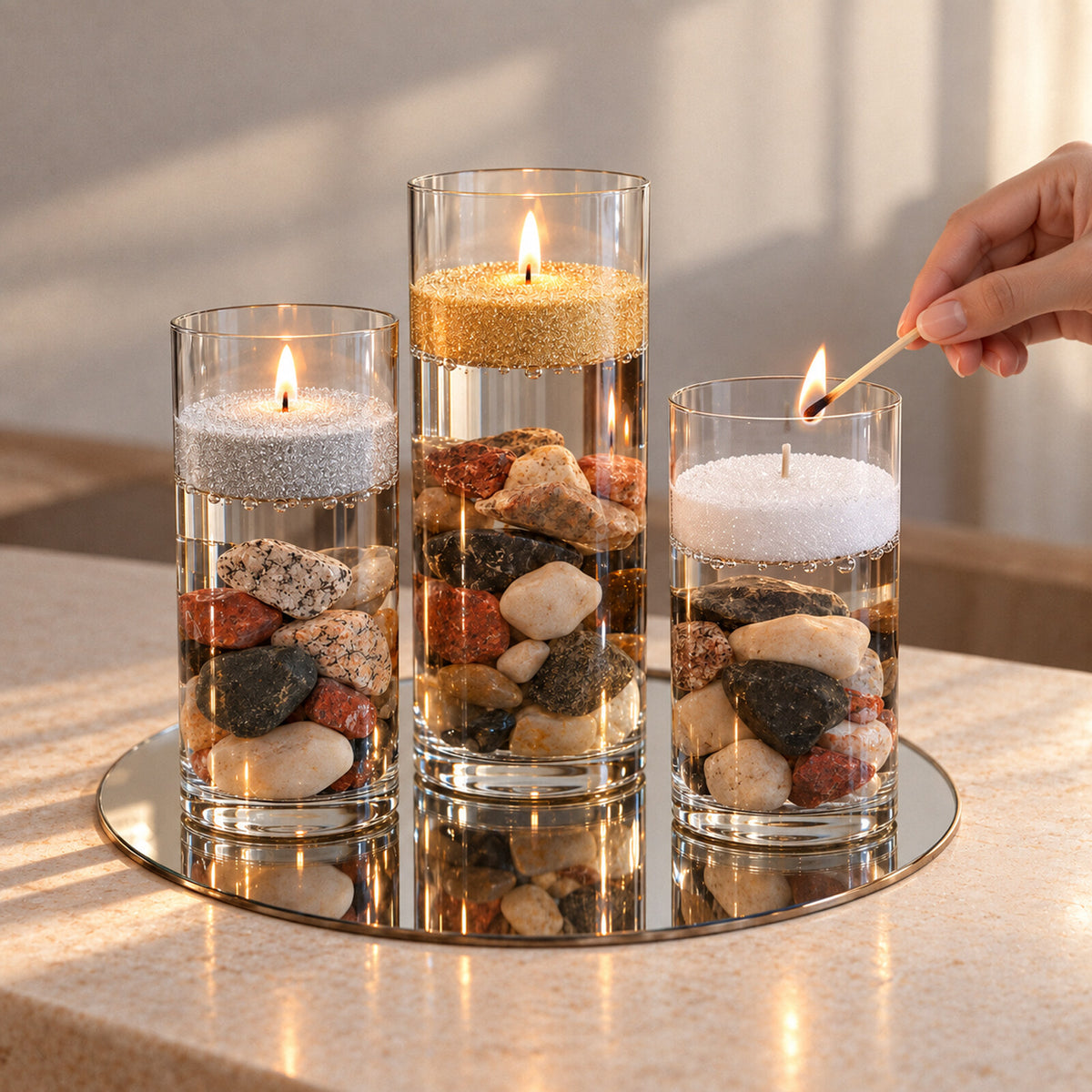 Lighting pearl sand wax candles layered over river stones in glass vases