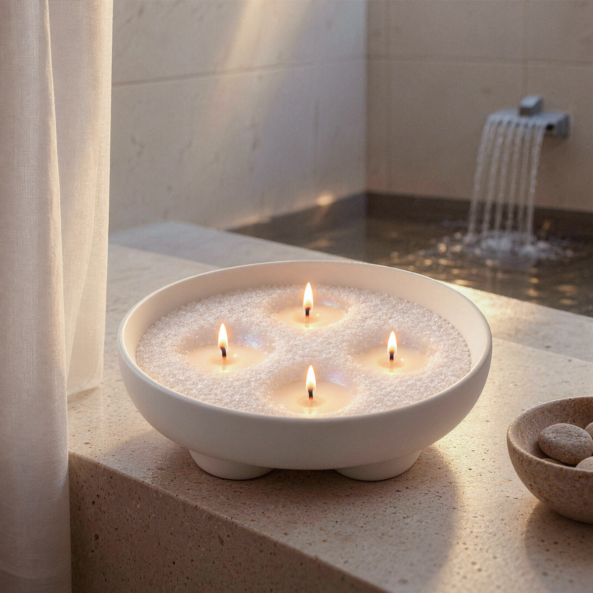 White ceramic bowl filled with pearl sand wax and four lit wicks in a spa setting