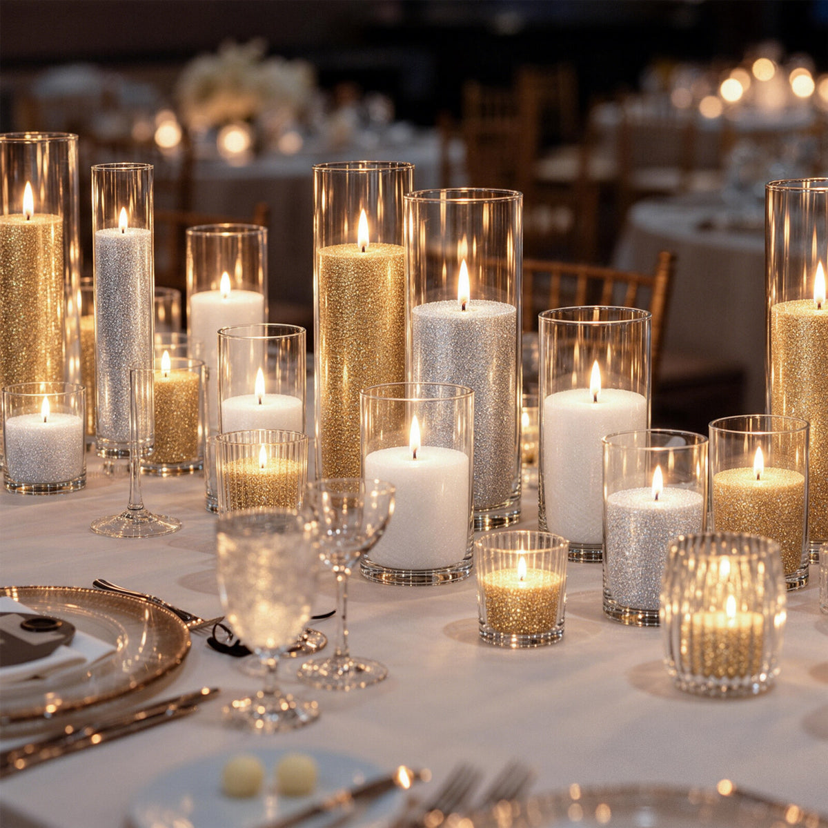 Wedding event table styled with glowing pearl sand wax candles in glass cylinders