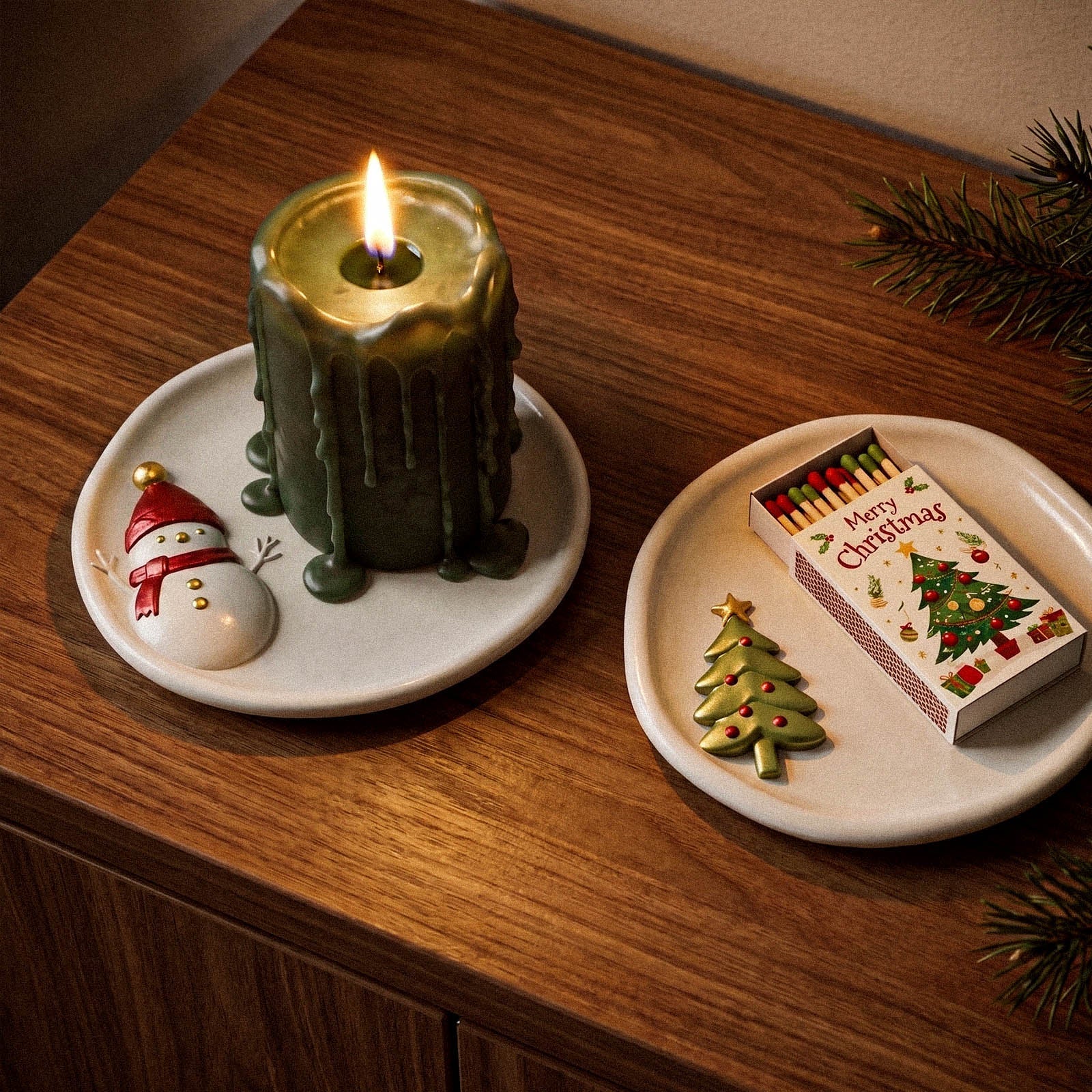 A dripping green pillar candle on a snowman-embossed trinket tray beside a Merry Christmas matchbox and a Christmas tree ornament on a second tray, styled on a wood cabinet with pine sprigs.