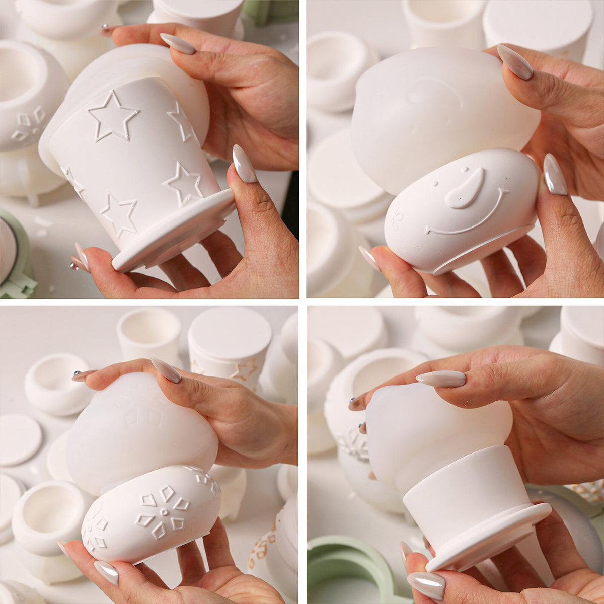 Demolding snowman jar sections from the silicone molds