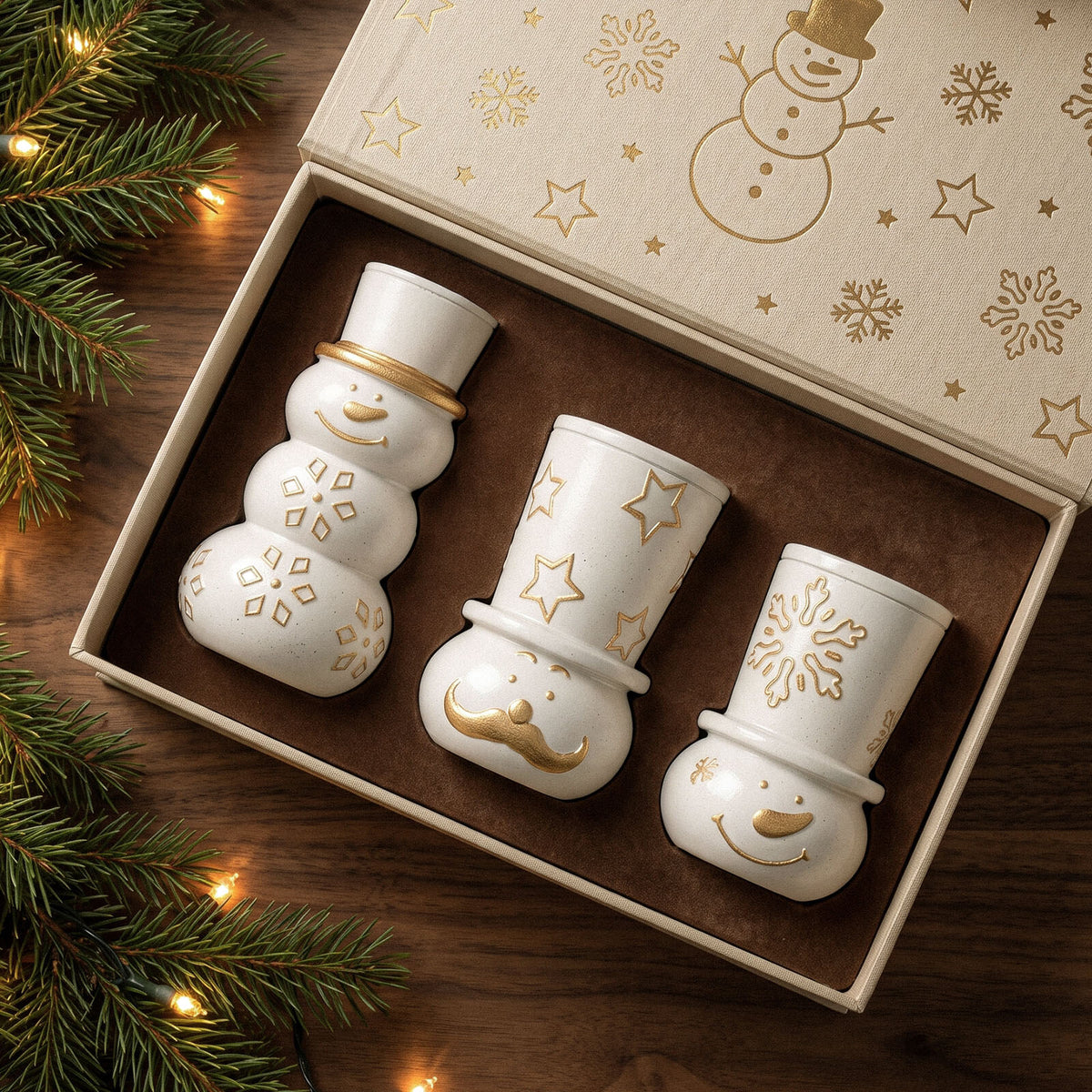 Three white snowman candle jars with gold details in a snowman gift box