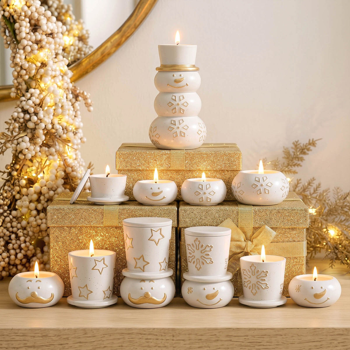 Snowman candle jars displayed on gold gift boxes