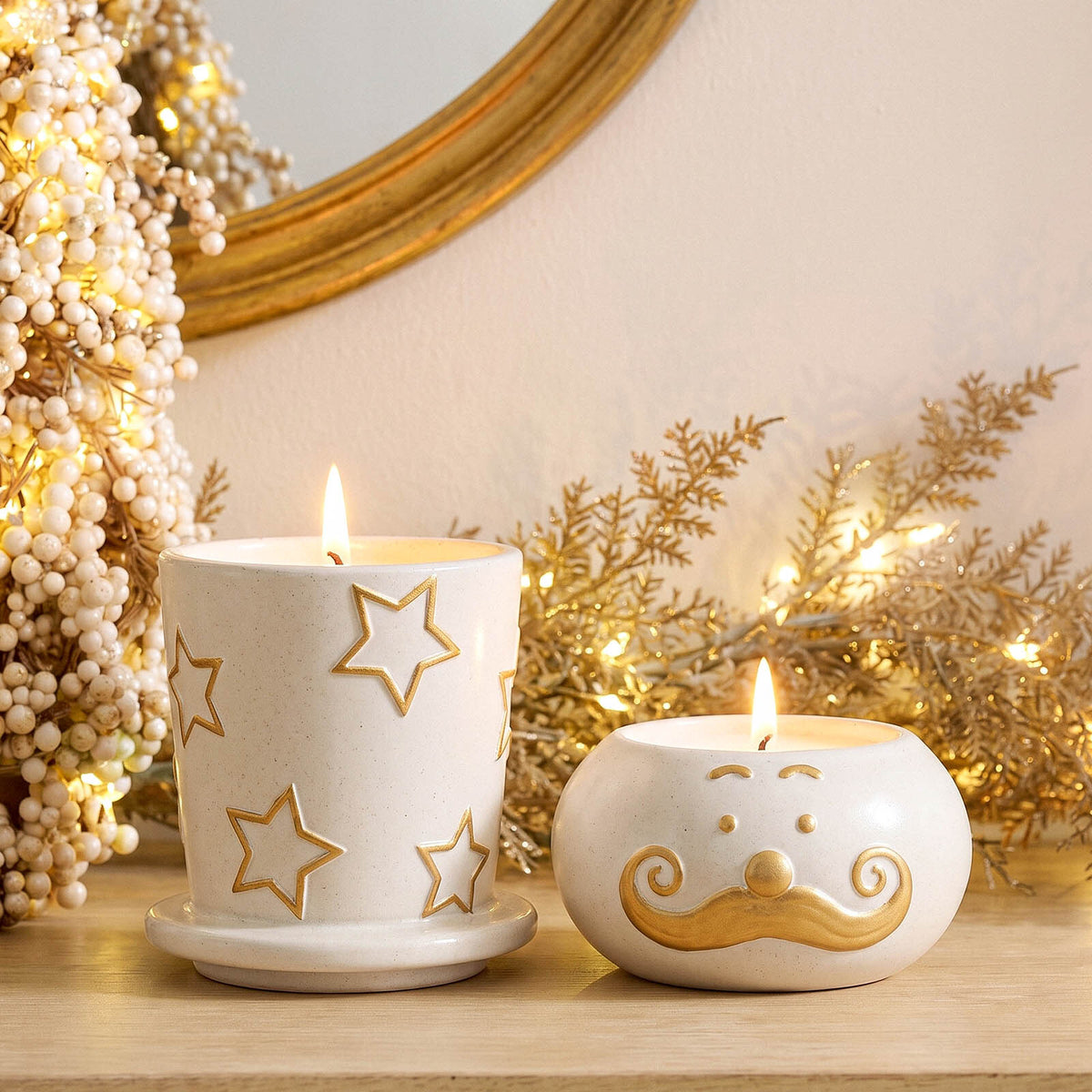 Lit star snowman candle jar and moustache snowman bowl
