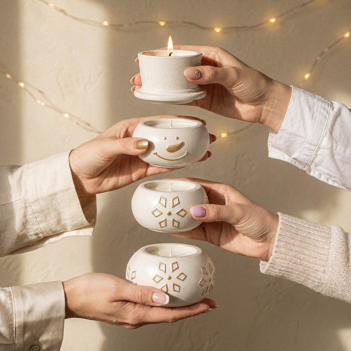 Hands stacking snowman candle jar sections with lids