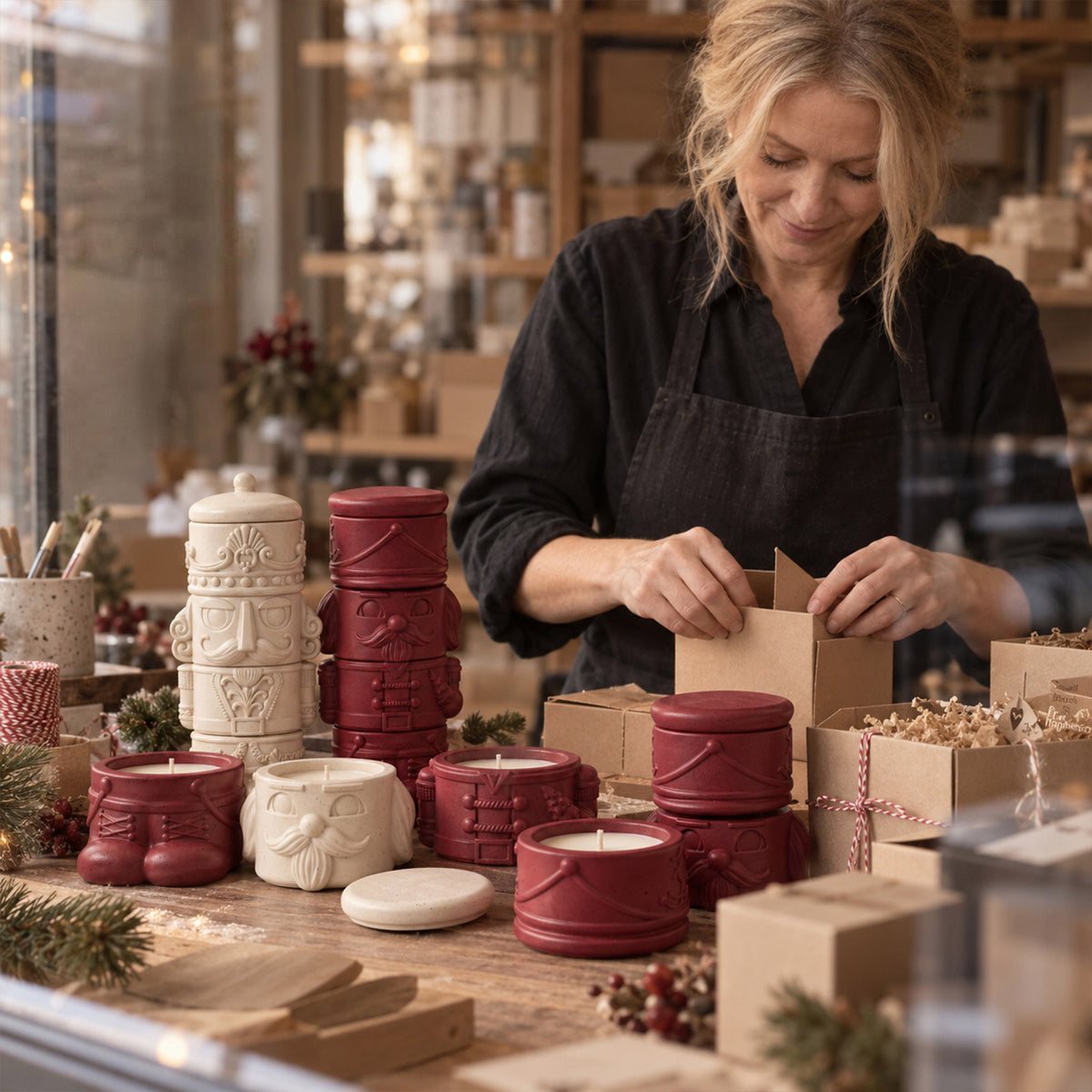 Floating stack of red, cream and black nutcracker jar sections