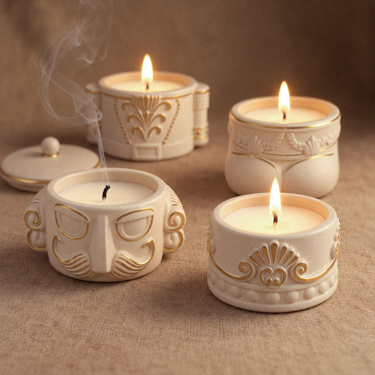 Hand painting gold trim on a cream nutcracker candle jar