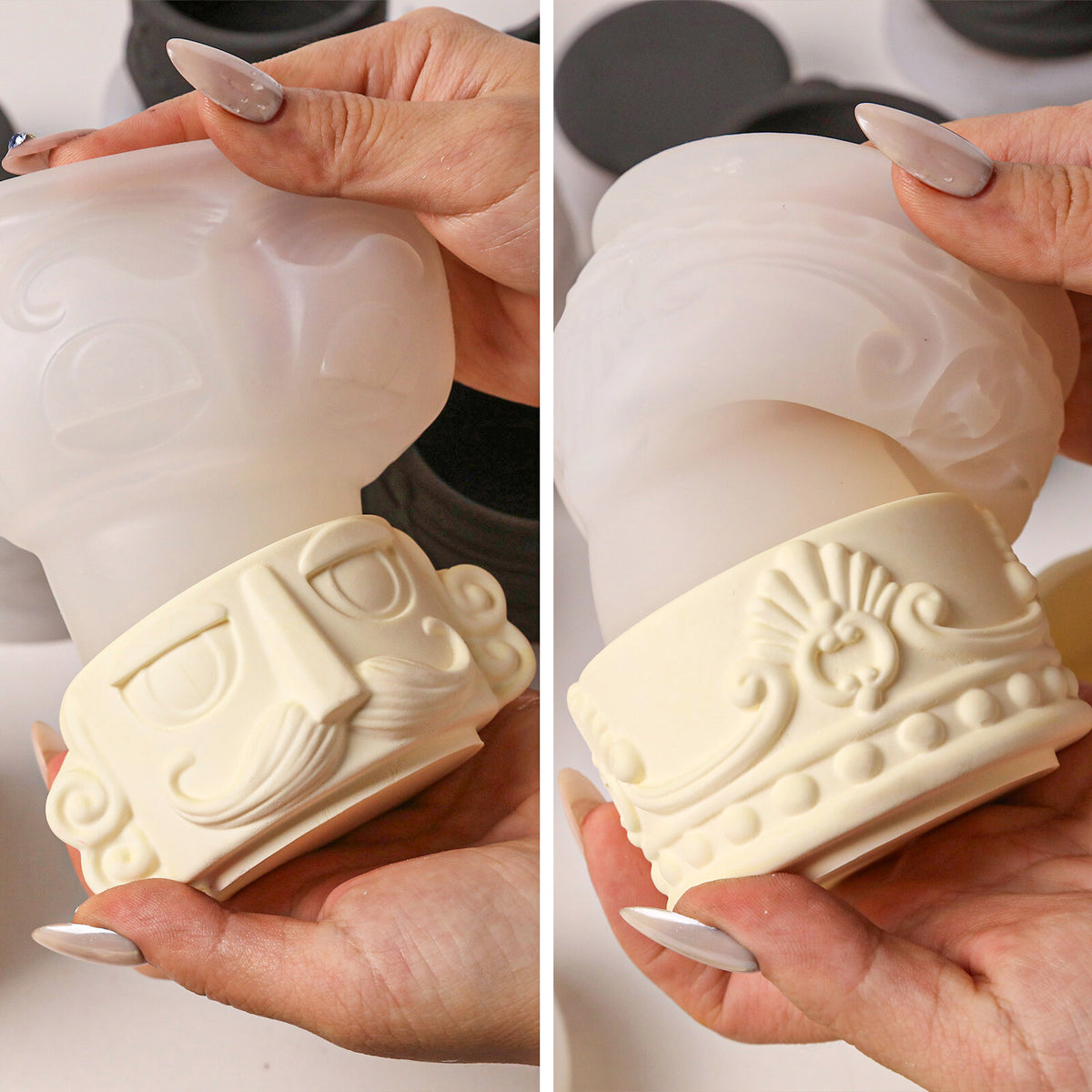 Pouring cream cement into nutcracker silicone molds beside red jar sections