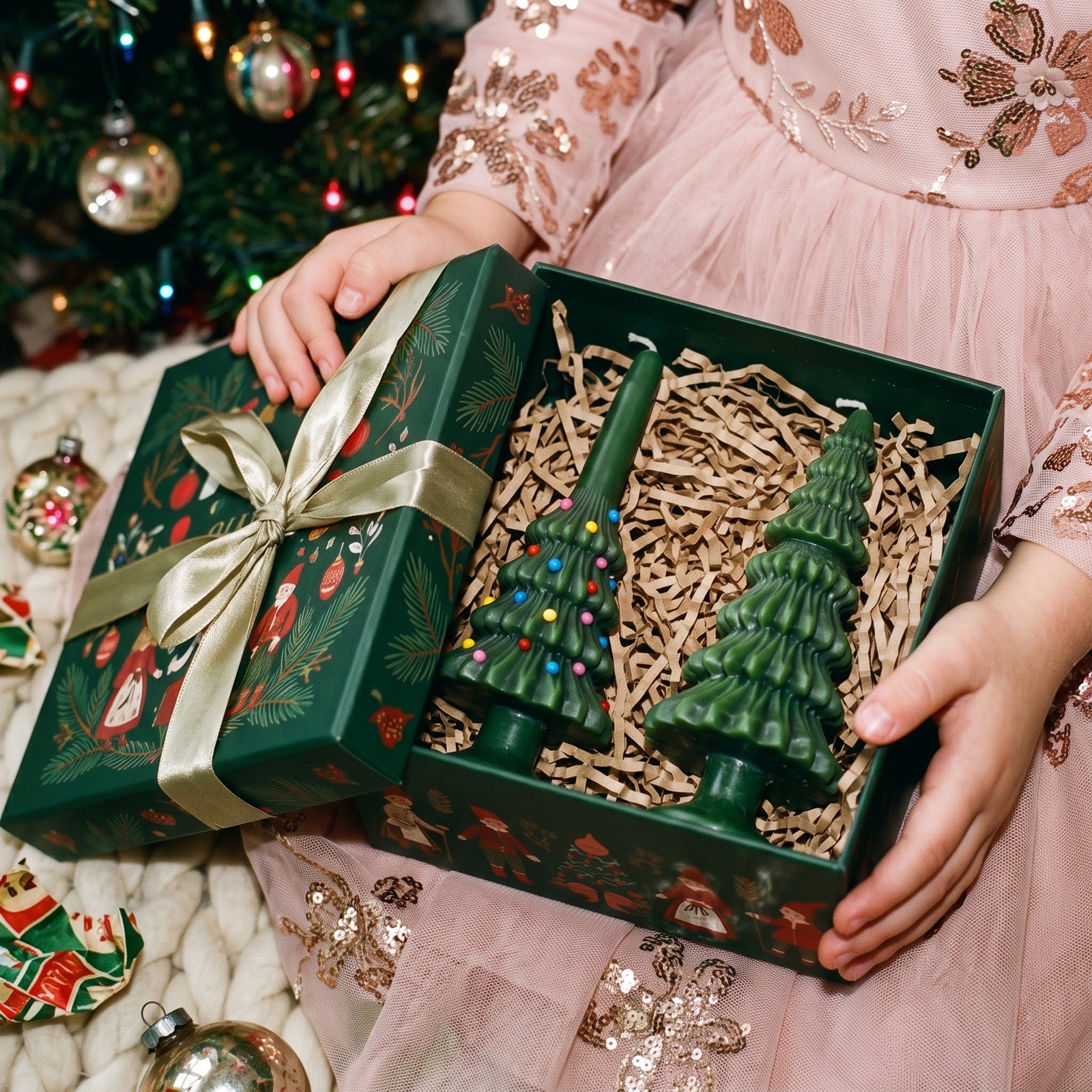 A child in a festive dress holding an open gift box lined with kraft paper shred, containing one ornament-dotted and one plain green Christmas Tree Taper Candle.