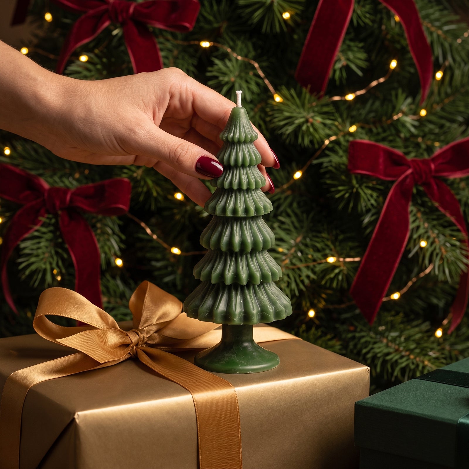 A hand placing a plain green Christmas Tree Taper Candle on a gift box in front of a decorated Christmas tree with red ribbons and string lights.